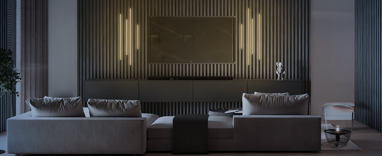 TV wall with recessed LED lighting creating cinematic ambiance